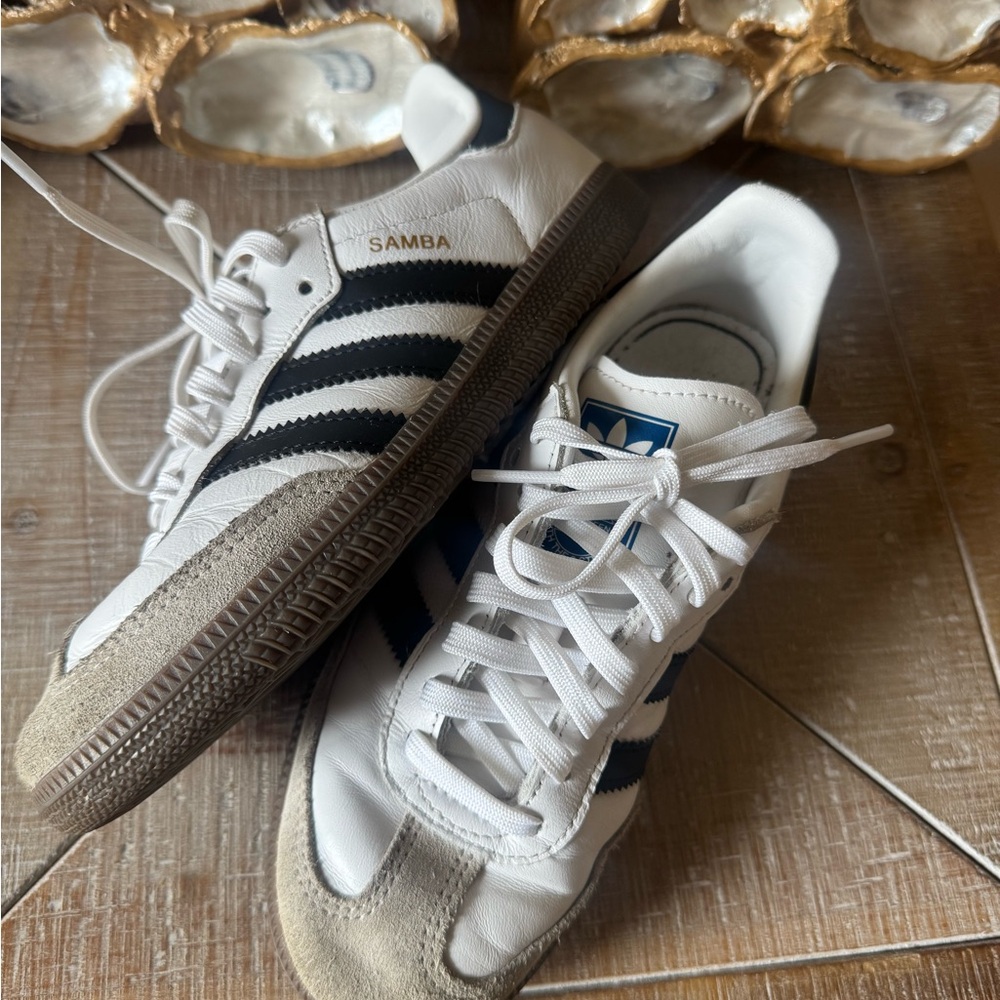 adidas Samba White, Black & Tan Leather Sneakers - Picture 1 of 4